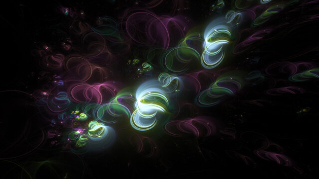 Abstract colorful green and blue fiery shapes. Fantasy light background. Digital fractal art. 3d rendering.