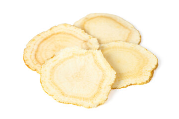 Close up of ginseng slices isolated on white background.