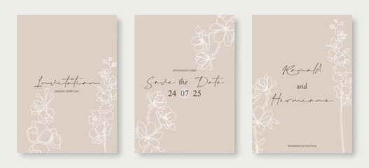 Floral Invitation Card Template. Set of Minimalist Hand Drawn Wedding Invitation with Flower Rose. Blue Blossom Template Design for Card, Flyer, Greeting, Banner, Cover. Vector EPS 10