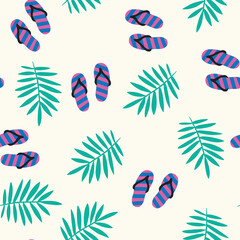 Flip flop summer sandals palm leaves seamless vector pattern. Repeating background summer tropical beach theme. Use for fabric, beachwear, kids decor, Hawaiian decor, summer surface pattern design..