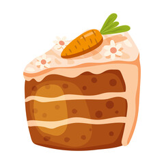 Easter slice of cake, pastry with carrot. Sweet food, bakery, vector illustration