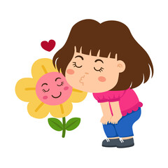Kid girl smelling flower vector illustration
