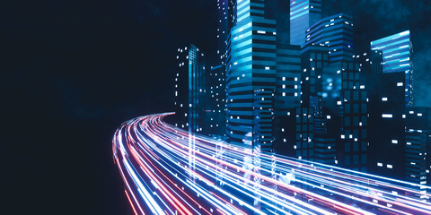 3d rendering cityscape with red and light blue light trail on curve road. Concept city, downtown district, town at night with bright neon light.