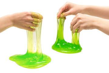 Green slime toy in woman hand isolated on white.