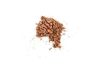 Makeup cosmetics. Eyeshadow in brown color crushed palette, colorful eye shadow powder on white background