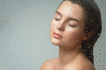 Woman behind the wet glass. Focus on the droplets.