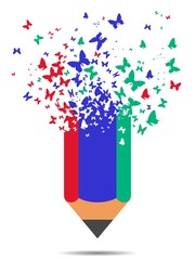 Pencil and flying butterfly, vector illustration