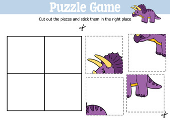 Vector educational kids puzzle game to cut and stick pieces with cartoon triceratops dinosaur character