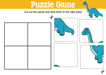 Vector educational kids puzzle game to cut and stick pieces with cartoon dino diplodocus character