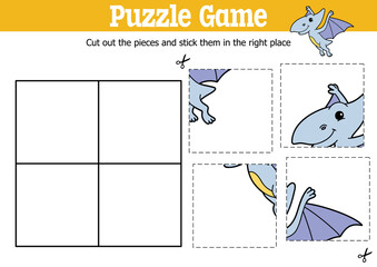 Vector educational kids puzzle game to cut and stick pieces with cartoon pteranodon character © boyusya