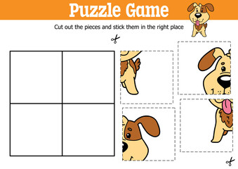Vector educational kids puzzle game to cut and stick pieces with cartoon puppy character