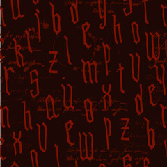 Pattern seamless Gothic style alphabet calligraphy, lettering. Illegible text, ink stains, wine. European Medieval latin letters. Vector background