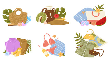 Tourist bag and accessories set. Collection of items for vacation or journey decorated by tropical leaves, shells and flowers isolated. Clothes, accessories, shoes and suitcase for tourism