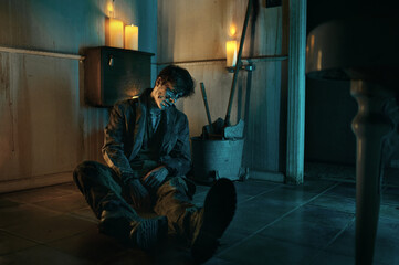 Undead zombie man sitting on lavatory floor