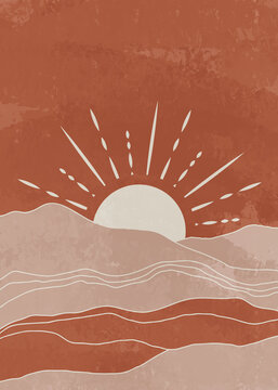 Mid century modern poster vector boho poster in terracotta colors with sunrise for print, wall art, bedroom decor. Boho wall decor morning scenery Vector sunrise or sunset scene painting image