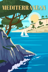 Rugzak Retro Mediterranean Poster, landscape sea vacation Europe. Mountaines, trees, harbor, sailboat, sunset. Travel holiday summer voyage. Vintage style vector illustration © hadeev