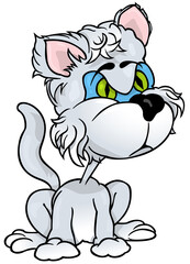 Silver-gray Furry Cat with Green Eyes - Colored Cartoon Illustration Isolated on White Background, Vector
