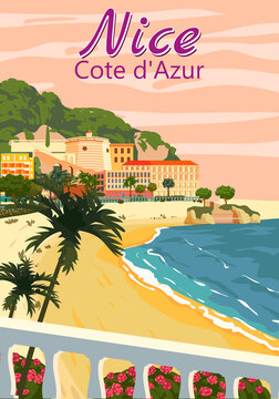 Nice French Riviera coast poster vintage. Resort, coast, sea, palms, beach. Retro style illustration vector