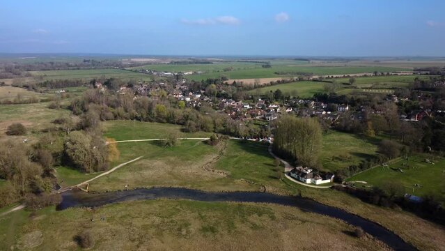 Aerial view of Chilbolton village in England. Small quaint British town