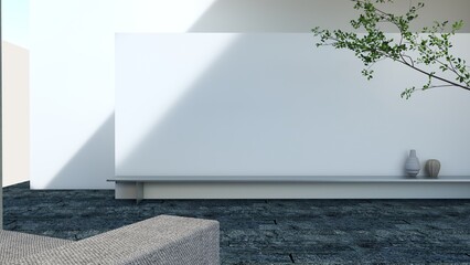 A TV set white wall set outdoor with tree and sofa 
