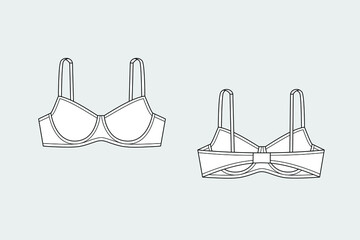 Lingerie bra female vector template isolated on a grey background. Front and back view. Outline fashion technical sketch of clothes model. - obrazy, fototapety, plakaty