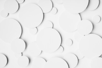 Energy mess abstract pattern of white paper circles different size in soft light, top view. Simple gentle airy calm modern background in future minimalistic style.