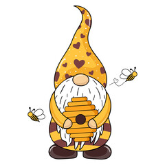 Gnome with hives in his hands. Dwarf bees. Garden gnome with beehive and bees. Honey farms. Bee species. Spring elves with hats. Vector illustration for kids.