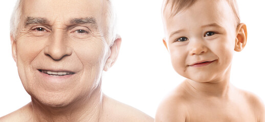 Elderly man and baby boy. Concept of rebirth and cycle of life.