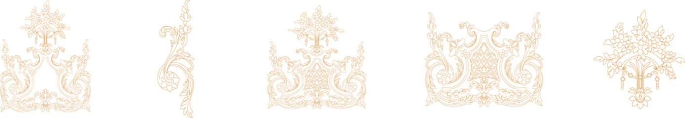 Set of golden vintage baroque ornament, corner. Retro pattern antique style acanthus. Decorative design element filigree calligraphy vector