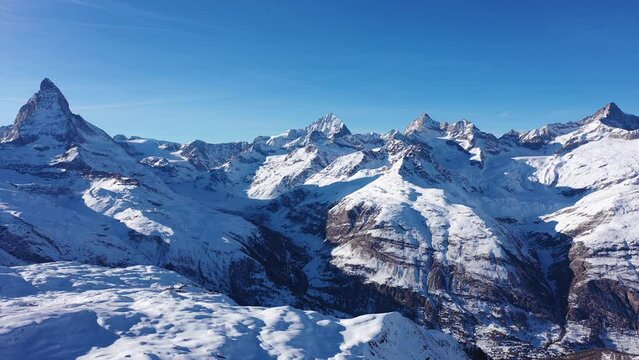 Panoramic view to the majestic Matterhorn mountain in winter, Valais, Switzerland