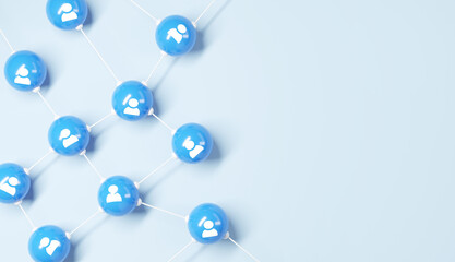 Connecting people and communication concept, social network. People icon connected together on blue background. Teamwork, 3d render. Copy space.