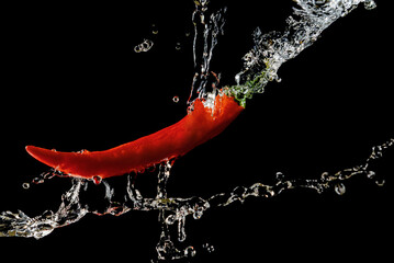 Red hot pepper in water splash over black background