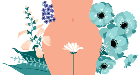Women's health. Female hips. Bikini line. Abstact flowers, anemones and leaves. The topic of female intimate depilation and hygiene - obrazy, fototapety, plakaty
