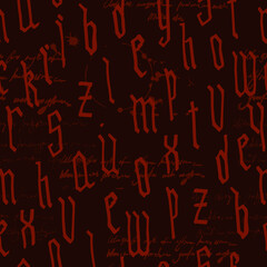 Pattern seamless Gothic style alphabet calligraphy, lettering. Illegible text, ink stains, wine. European Medieval latin letters. Vector background