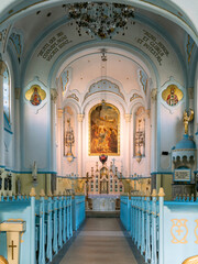 Interior of Blue church in Bratislava with gilt ornaments, Eastern European take on art nouveau...