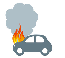 自動車の火災、事故、火事のイラスト、アイコン、シルエット、損害保険、自動車保険のイメージ