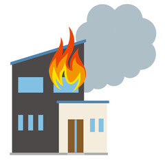 一戸建て　住居、家の火災、火事のイラスト　損害保険地震災害イメージ © globeds