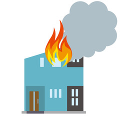 一戸建て　住居、家の火災、火事のイラスト　損害保険地震災害イメージ
