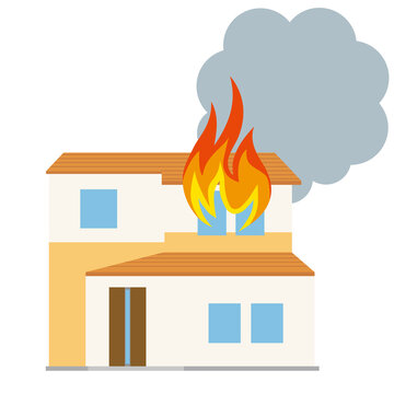 一戸建て　住居、家の火災、火事のイラスト　損害保険地震災害イメージ