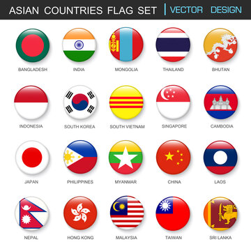Asian Countries flags  set and members in botton stlye,vector design element illustration