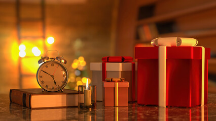 Burning candles, book, gift box and alarm clock on marble table. 3d rendering