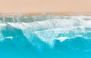 Stoff pro Meter Aerial top view of Beautiful sunny sea beach with amazing azure blue wave water background © SASITHORN