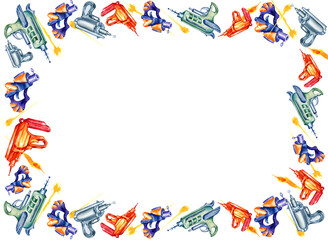watercolour border with toy guns, fantastic weapons, space pistols, blasters, hand draw illustration