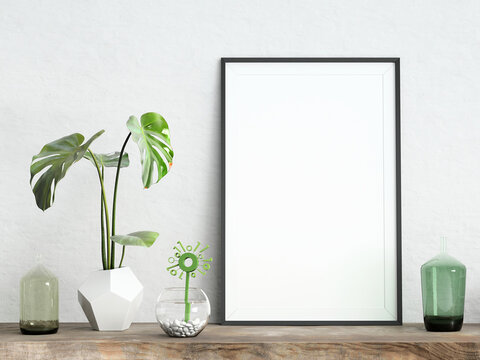 Mock up poster frame on white plaster wall with monstera plant, digital flower in a bowl with water and glass vases on old wooden shelf; 3d rendering, 3d illustration