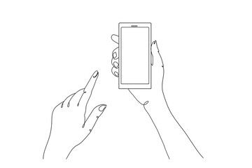 Continuous drawing of a line of a hand holding a smartphone with a blank screen