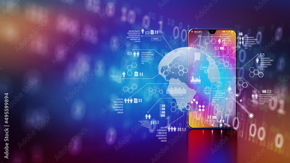 Poster smart phone internet dan social media connection concept in beautiful visualization concept. 3d rend