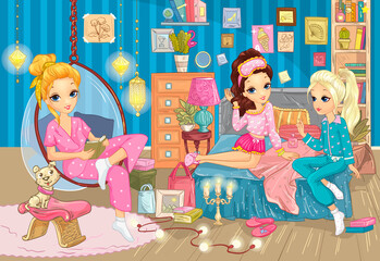 Girls Talking At Pajama Party In Bedroom