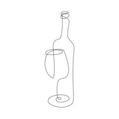 Bottle of wine with wineglass in continuous line art drawing style. Minimalist black linear sketch isolated on white background. Vector illustration