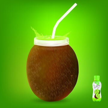 Kiwi fruit  juice bottle with splashing straw.