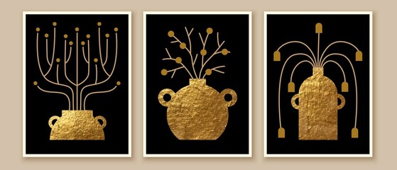 Vases, pots with plants. Golden abstract shapes, decorative elements. Modern contemporary art set. Wall art design.